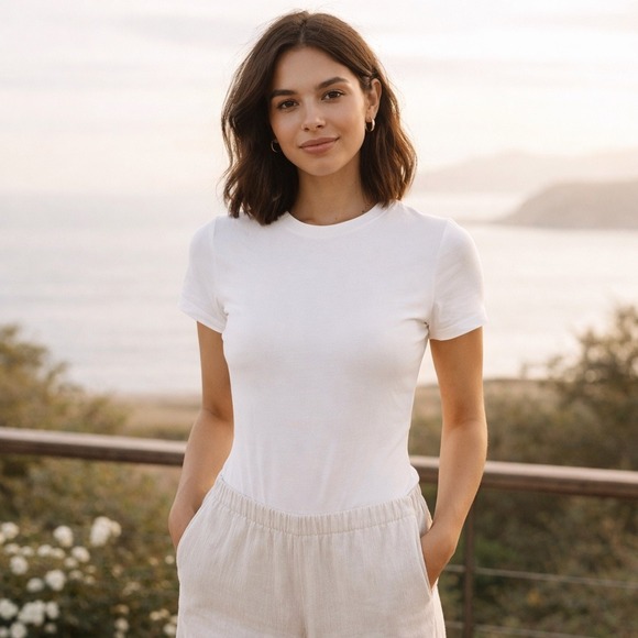 Quince Tops - Quince Bodysuit Women M White Organic Cotton Minimalist Stretch Layering Top